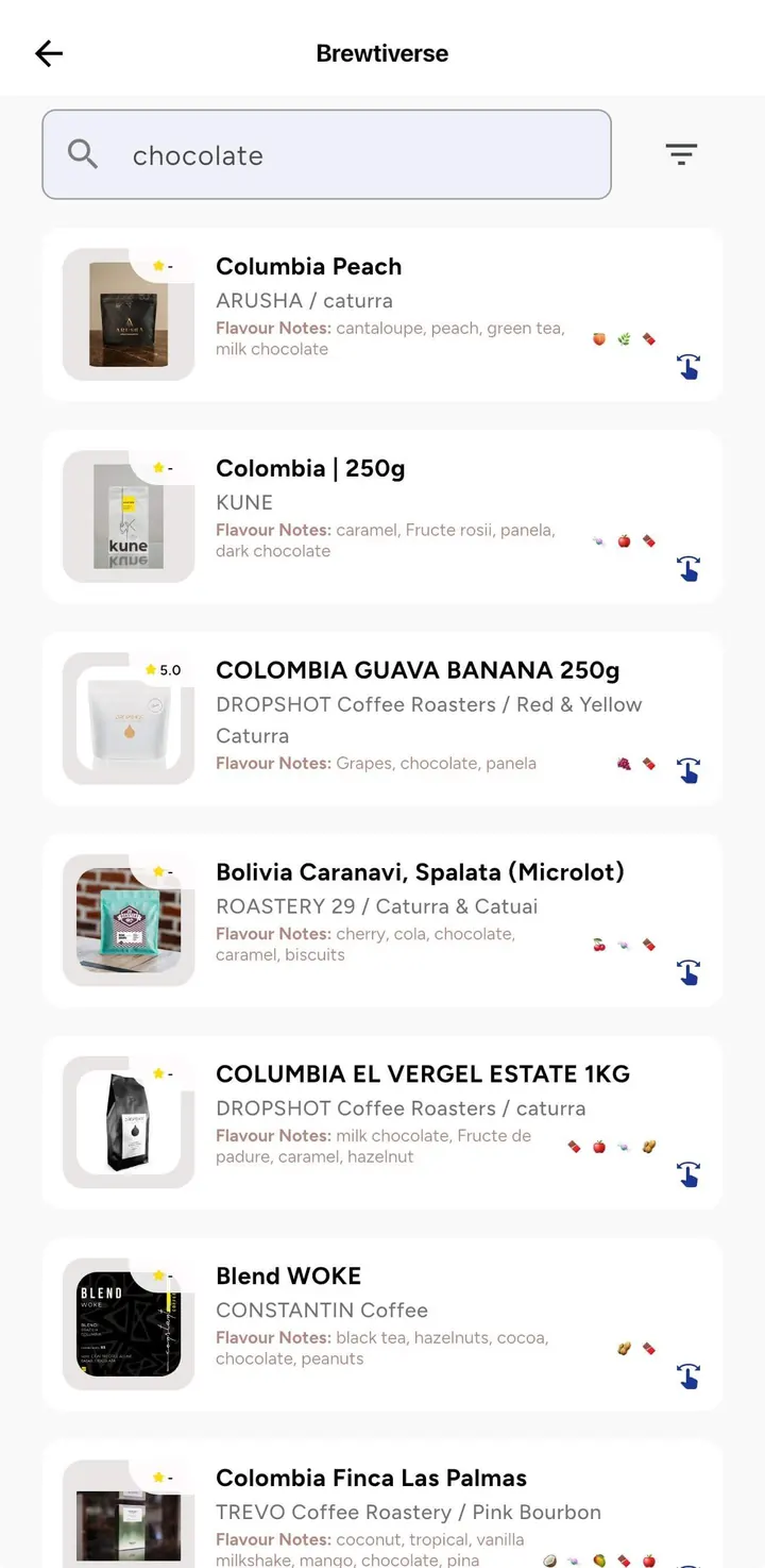 Search for coffees in the Brewtifi app