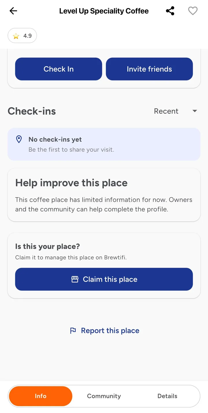 Brewtifi app screen with the option to claim a coffee place