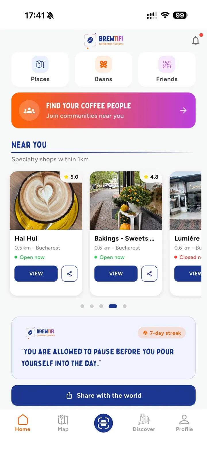 Brewtifi app home screen showing specialty cafes near you